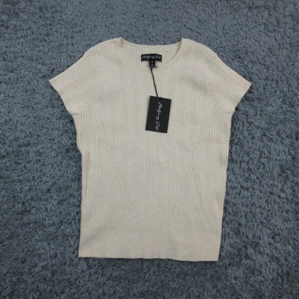 Montgomery Port Sweater Womens Medium Beige Ribbed Short Sleeve Crewneck NWT